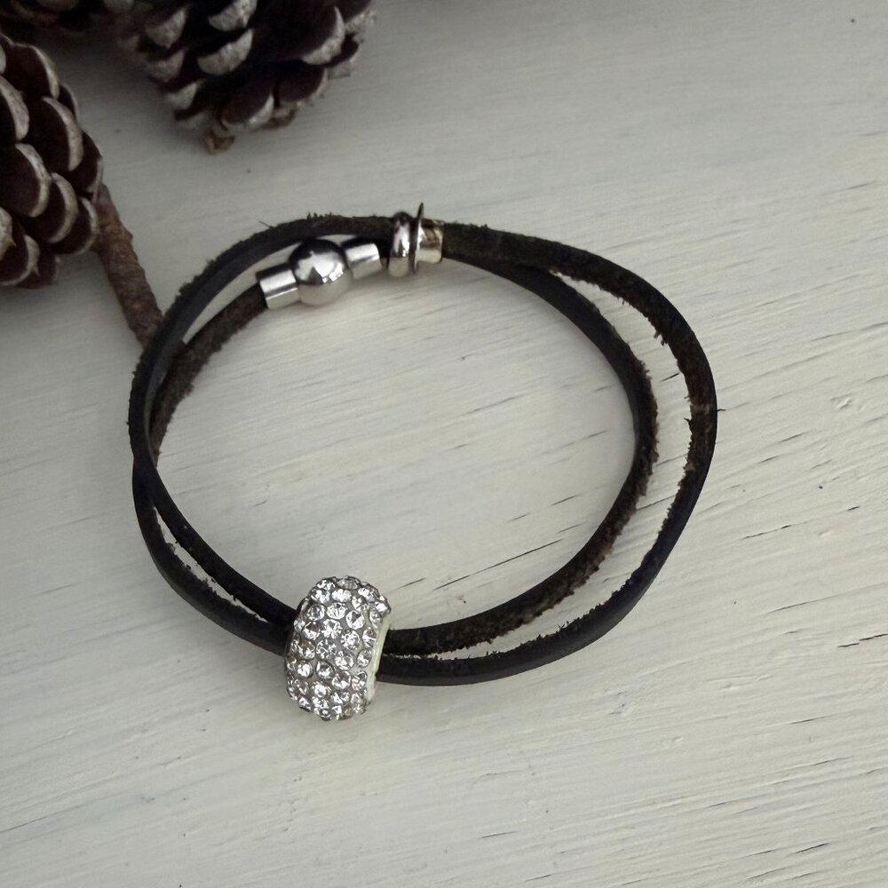 Double-Strand Leather Bracelet with Sparkling Crystal Pave Bead